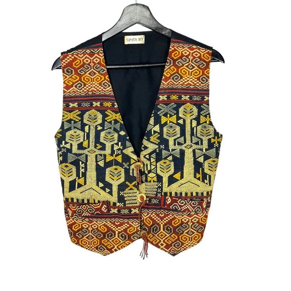 Black Brown Woven Geometric Folk Art Pattern Button Up Vest Large - Picture 1 of 7